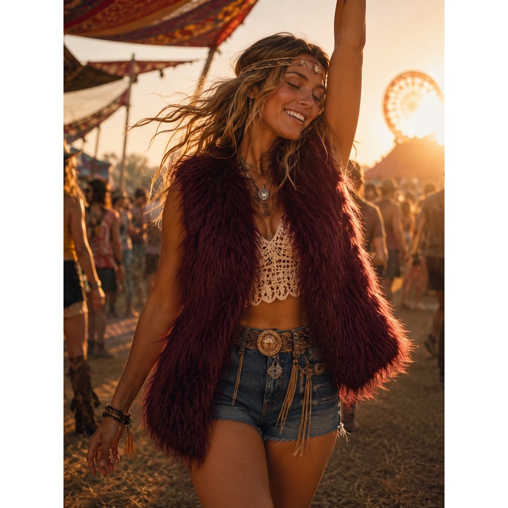 Hippie Rose Size XL Faux Fur Vest Burgundy Ribbed Knit Back Open Front #1475